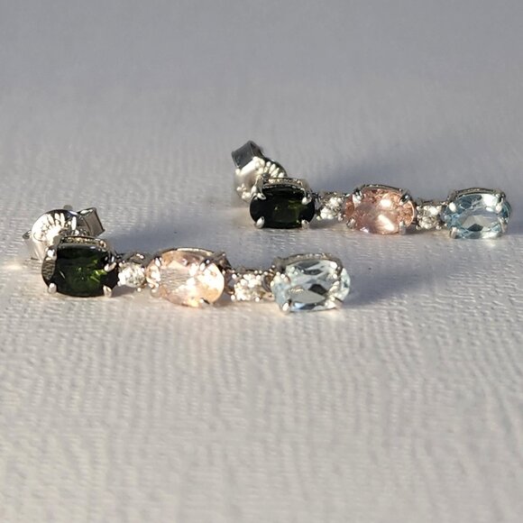 VTG NIB 925 Tourmaline Multi-Gem Dangle Drop Stud Earrings Signed 1" - Picture 4 of 14